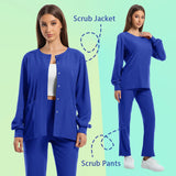 Women in blue dustproof nursing scrubs set showcasing scrub jacket and pants, ideal for medical and healthcare settings.