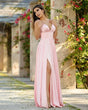 Elegant pink bridesmaid gown with v-neck, backless design, and split front, perfect for special occasions.