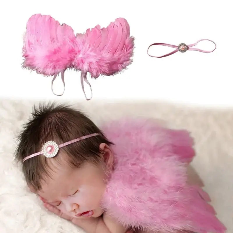 Newborn baby angel wings and headband set in pink for photography props, ideal for 0-12 months old, unisex.
