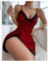 Women Satin Lace Nightdress Deep V Backless Sleepwear
