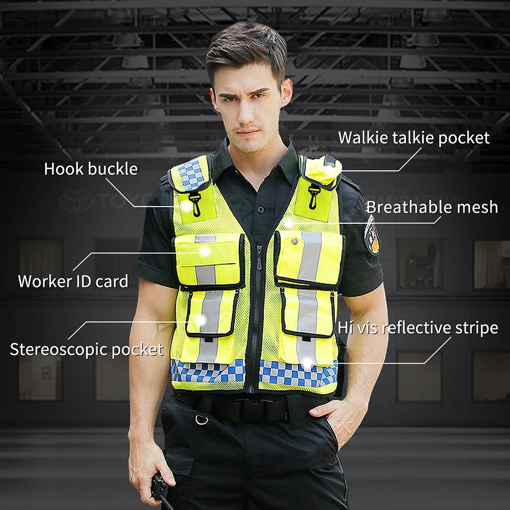Adjustable mesh safety vest featuring pockets, breathable fabric, hi-vis stripes, and ergonomic design for utility and safety.