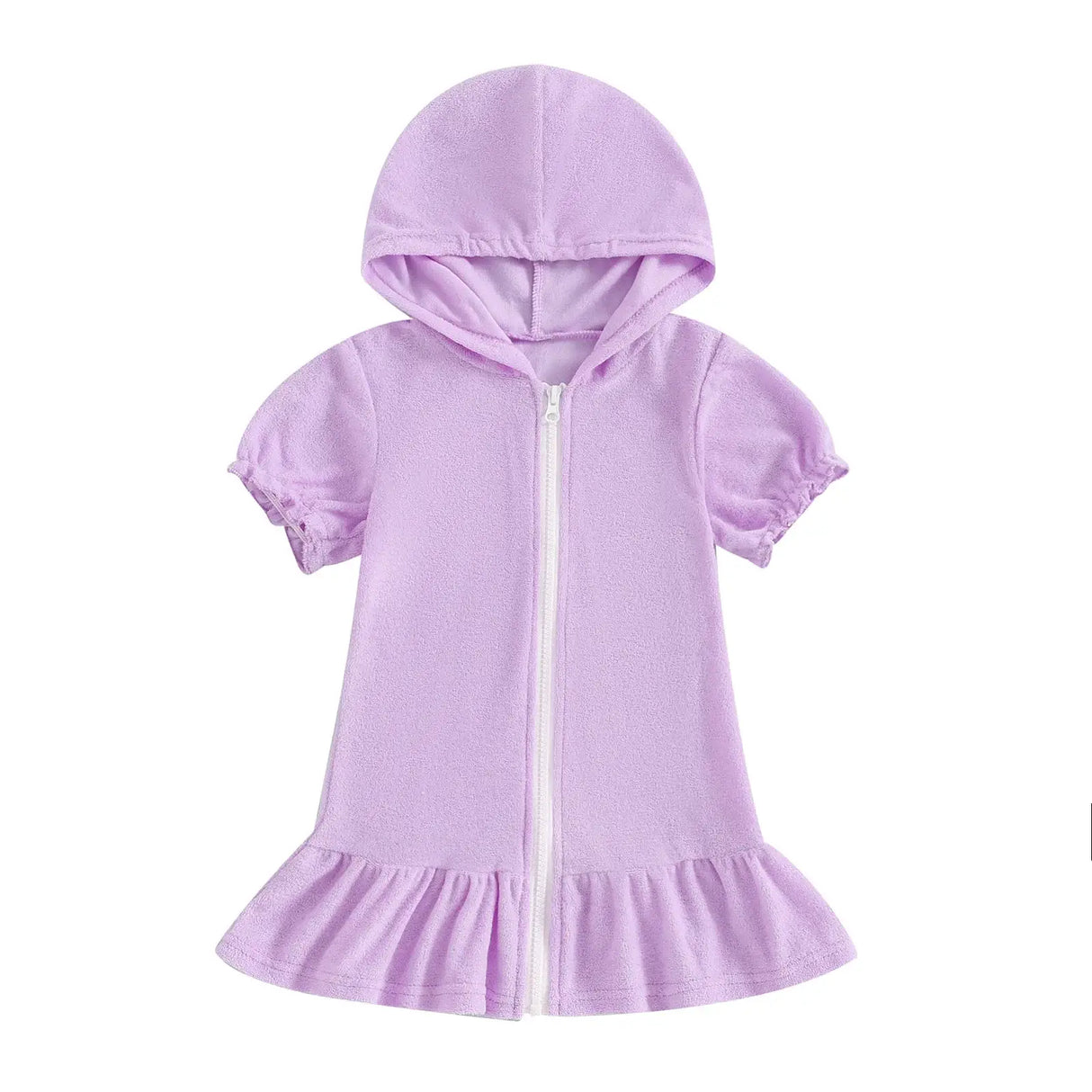 Toddler girls purple short sleeve hooded dress with zip closure and ruffled hem.