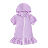 Toddler girls purple short sleeve hooded dress with zip closure and ruffled hem.