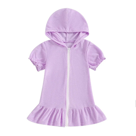 Toddler girls purple short sleeve hooded dress with zip closure and ruffled hem.