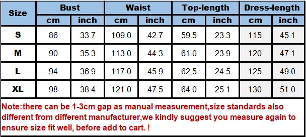 Size chart for Women's Fairy Hanfu with measurements for bust, waist, top-length, and dress-length in cm and inches.