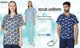 Women's colorful nurse scrubs featuring flower shapes and anime prints, ideal for medical professionals.
