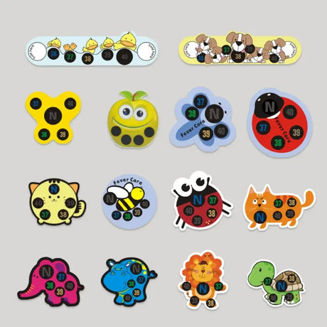 Colorful set of 10/5PCS reusable child forehead temperature stickers featuring cute animal designs for easy temperature monitoring.