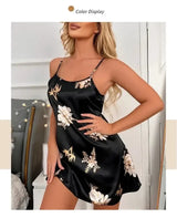 Women Black Floral Nightdress Satin Sleepshirt Casual
