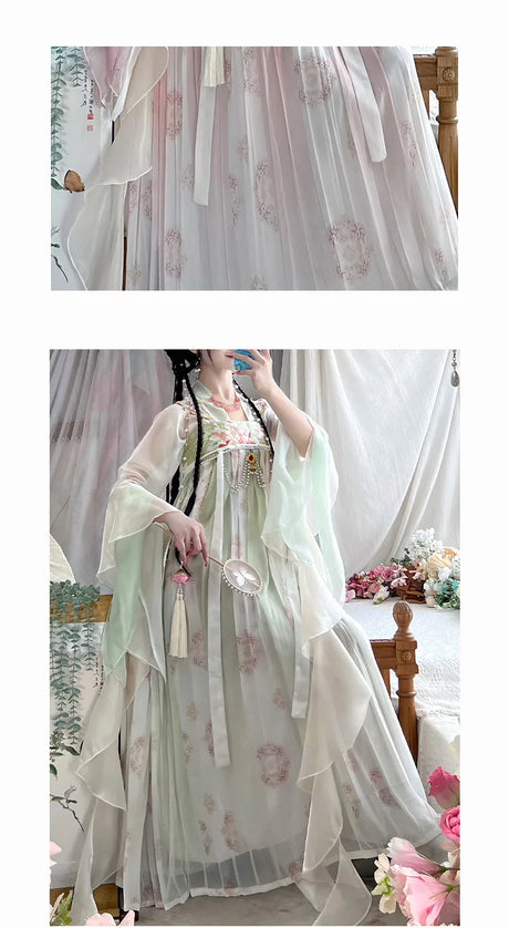 Vintage Chinese Style Hanfu Dress with floral patterns and flowing layers, perfect for women's traditional attire.