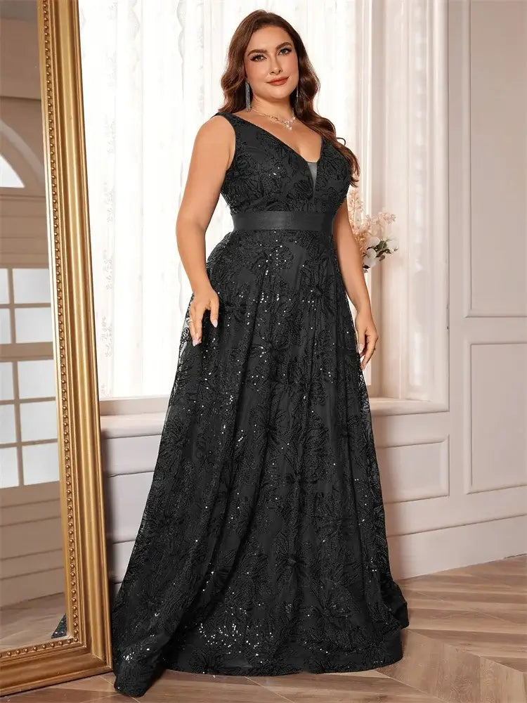 Women Plus Size V-Back Sequin Evening Cocktail Dress