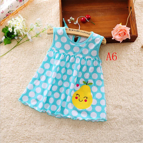 Light blue polka dot sleeveless dress for baby girls featuring a cute pear design, perfect for summer wear.