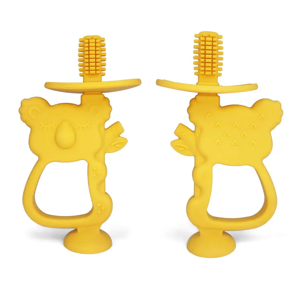 Baby teether gloves in yellow silicone, featuring a playful koala design, perfect for soothing teething pain.