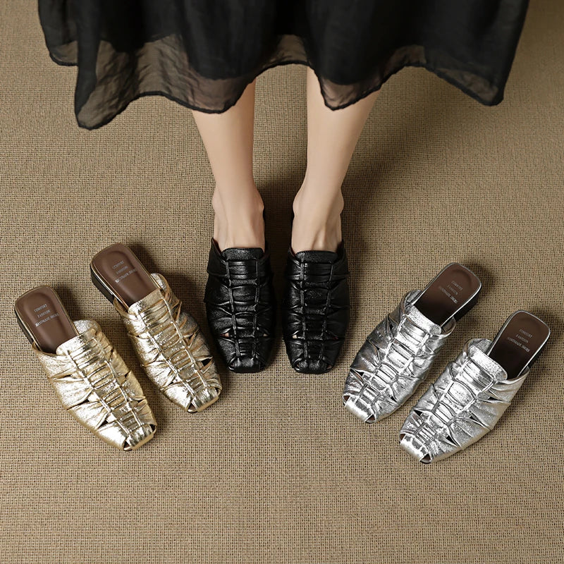 Women Mules Leather Block Heel Sandals