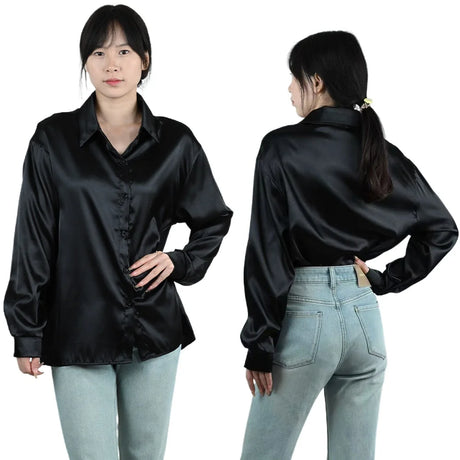 SilkAura™ imitation silk blouse in black, featuring a turn-down collar and loose fit, ideal for business casual wear.