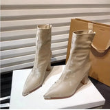 Women Mid Calf Boots Leather Cowboy Heels