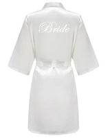 Back view of a white satin robe with 'Bride' printed in elegant script, ideal for bridal parties.