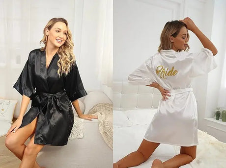 6-Piece Satin Bridal Shower Robe Set in black and white, featuring 'Bride' on the back, perfect for brides and bridesmaids.