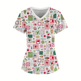 Women's Christmas cartoon nurse scrubs with festive prints, V-neck design, perfect for medical professionals during the holiday season.