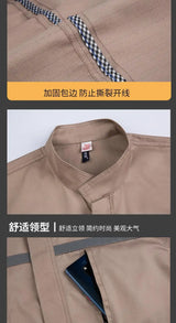 Close-up of an anti-static flame-resistant welding suit collar with checked detail and pocket.