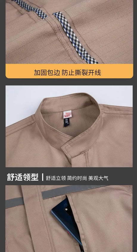 Close-up of an anti-static flame-resistant welding suit collar with checked detail and pocket.