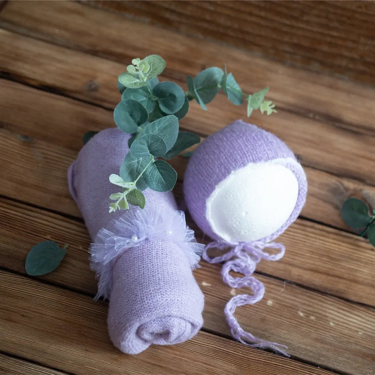 Newborn stretch knit mohair blanket and bonnet set, soft purple color for baby boys and girls, perfect for photography