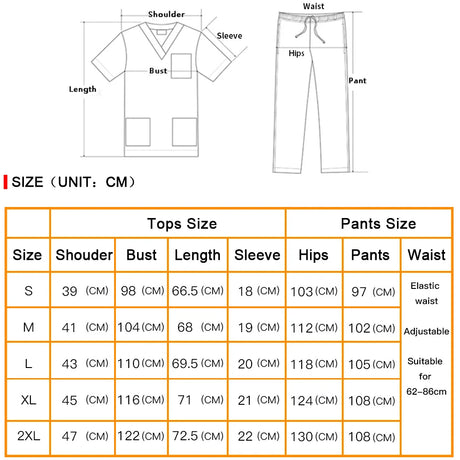 Size chart for the 7-Color Nursing Work Uniform, detailing measurements for tops and pants in centimeters for various sizes.