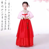 Girl in traditional Korean hanbok with pink and red dress, showcasing cultural attire inspired by Asia-Pacific heritage.