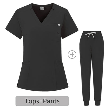 Summer breathable coveralls set featuring a v-neck top and drawstring pants in black, suitable for electricians and healthcare.