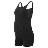 Sleeveless ribbed maternity jumpsuit in black, featuring a loose fit and soft cotton blend, perfect for summer casual wear.