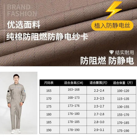 Anti-static flame-resistant welding suit details with fabric specifications and size chart for pure cotton workwear.