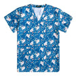 Vibrant blue women’s hospital nurse scrubs with playful anime characters and flower patterns, perfect for medical professionals.