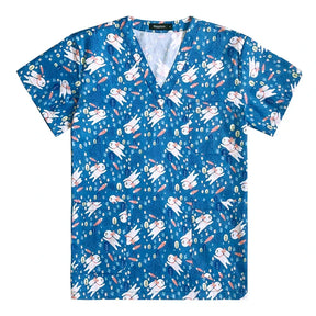 Vibrant blue women’s hospital nurse scrubs with playful anime characters and flower patterns, perfect for medical professionals.
