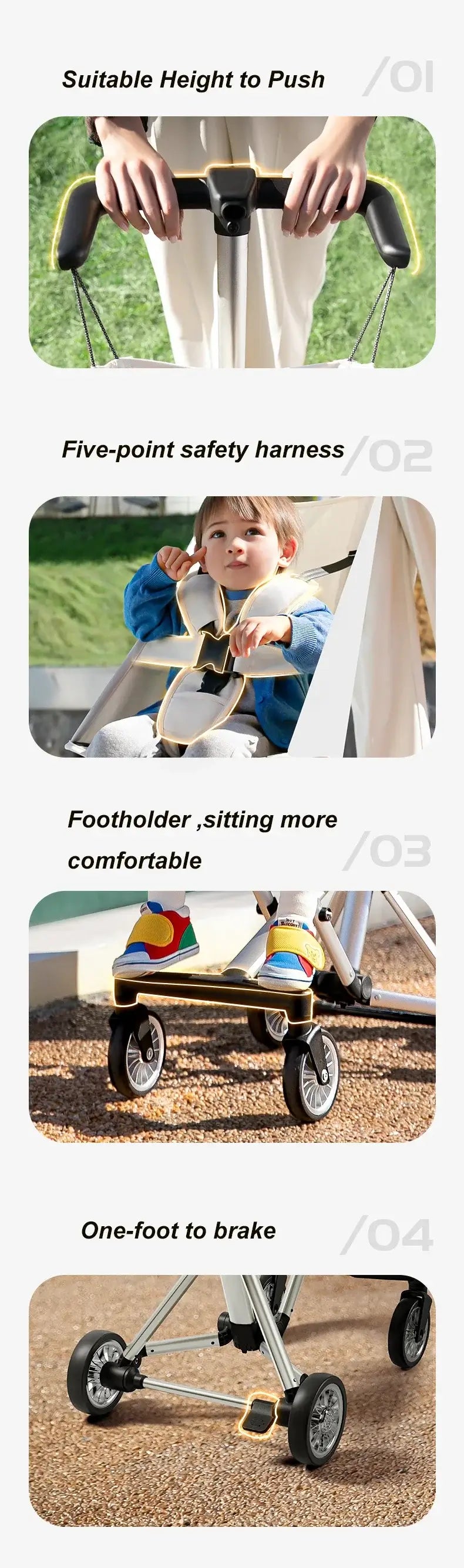 Features of the Smartstroller: height-adjustable handle, five-point harness, comfortable foot holder, and one-foot brake.