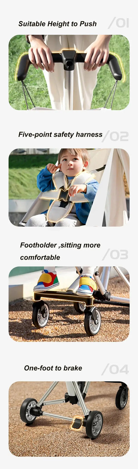 Features of the Smartstroller: height-adjustable handle, five-point harness, comfortable foot holder, and one-foot brake.