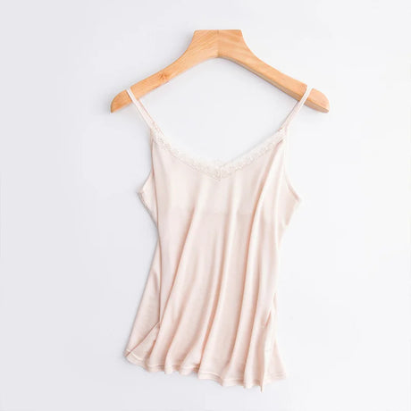 LuxeLace™ silk camisole tank top in soft pink with lace trim, sleeveless design, and comfortable fit.