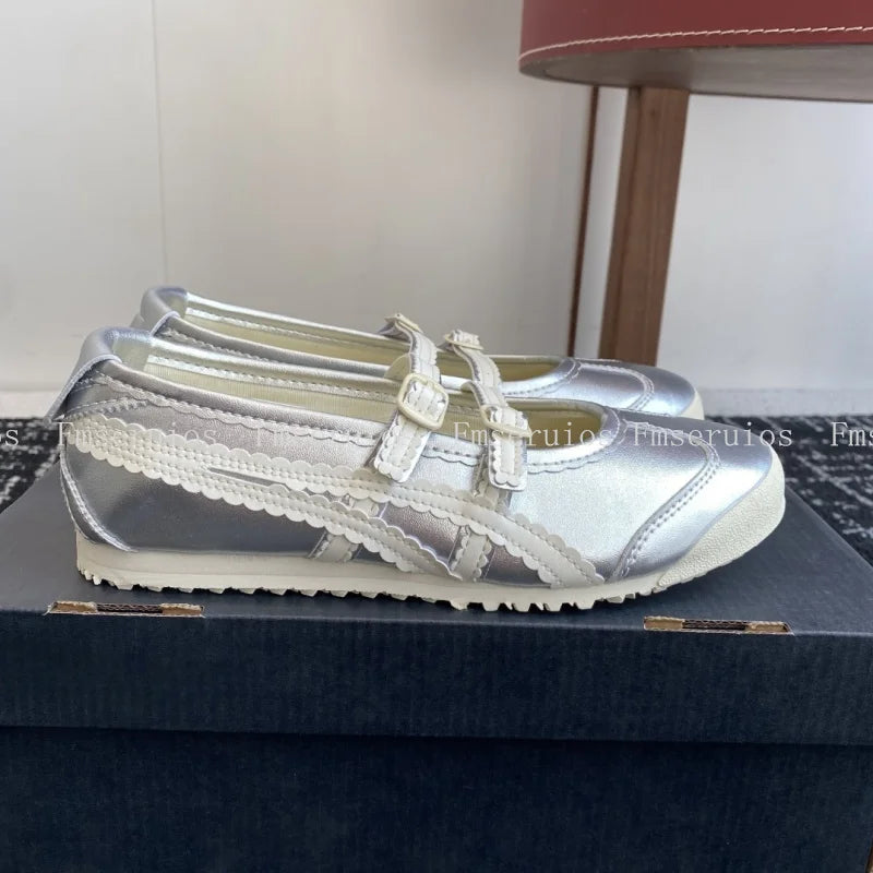 Women Ballet Flats Round Toe Lace Genuine Leather