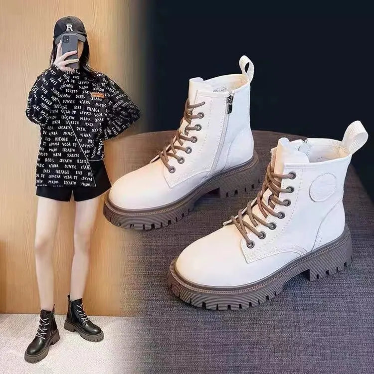 Women Motorcycle Style Ankle Boots – Thick Sole Leather Plus Velvet