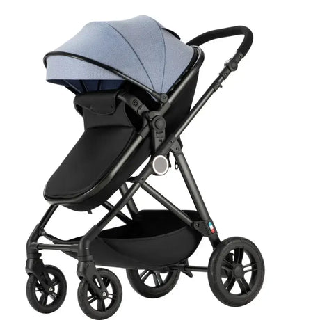 High-view four-wheel baby stroller with adjustable canopy and sturdy frame, suitable for infants and toddlers.