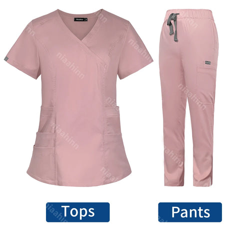 Solid color women's veterinary scrub set featuring a V-neck top and pants in a stylish pink fabric.