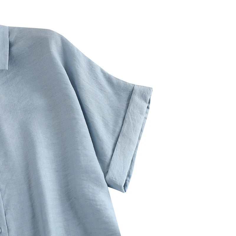 ZanzeaEase™ oversized summer blouse in blue, featuring a relaxed fit and turn-down collar design.