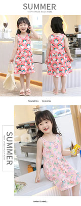 Cute summer dresses for girls, featuring vibrant rainbow prints and a knee-length style, perfect for warm weather.