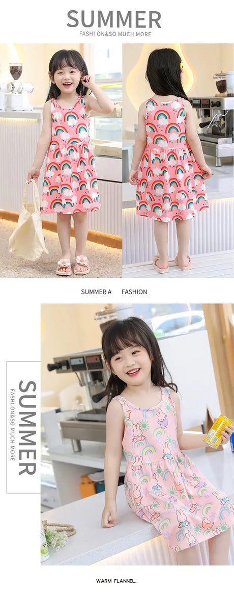 Cute summer dresses for girls, featuring vibrant rainbow prints and a knee-length style, perfect for warm weather.