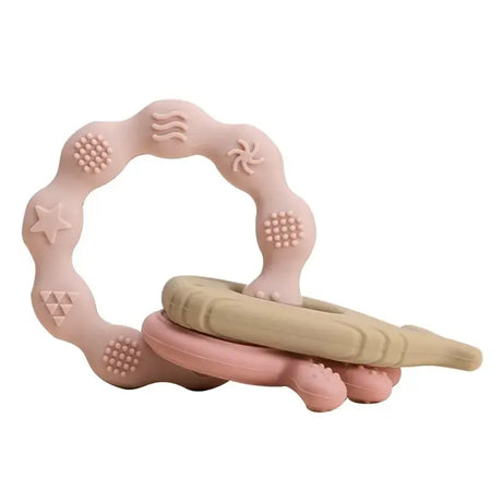 Soft silicone baby teether gloves set, safe for children aged 0-6 years, colors in pink and beige.