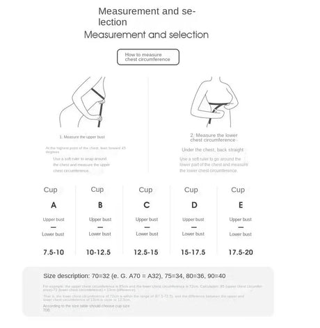 Infographic showing how to measure chest circumference for bra fitting, including size descriptions and cup measurements.