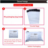 Discreet packaging instructions featuring PE bags, courier bags, and safety packaging information.