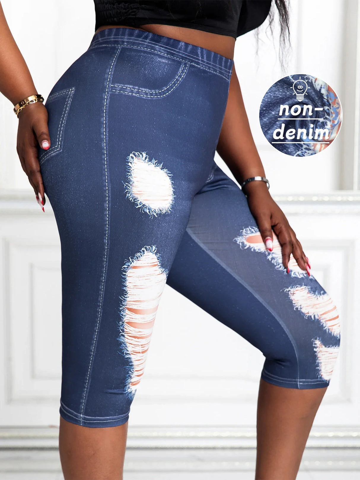 Women Plus Size Faux Denim Capri Pants