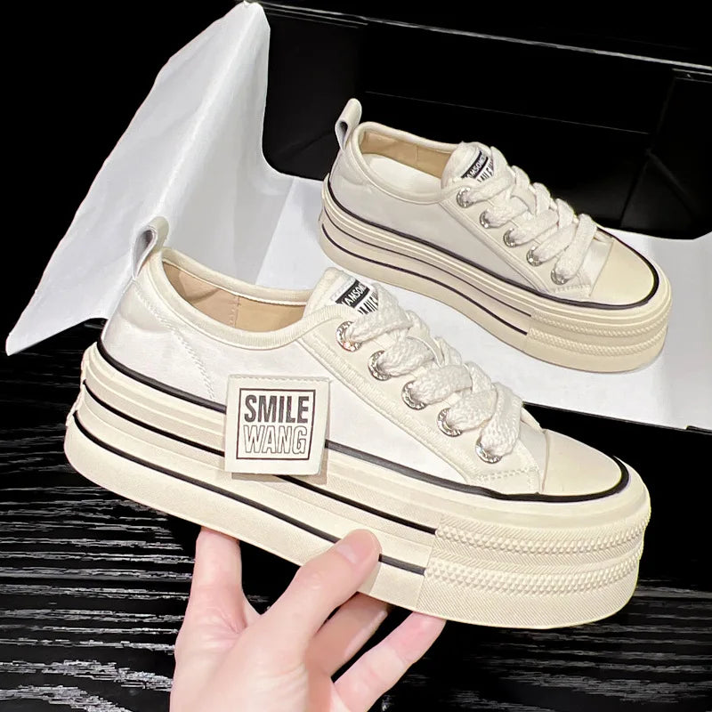 Women Canvas Shoes Black White Platform Sneakers