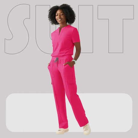 Women’s pink hospital scrub suit for healthcare workers and veterinarians, featuring pockets and a stylish design.