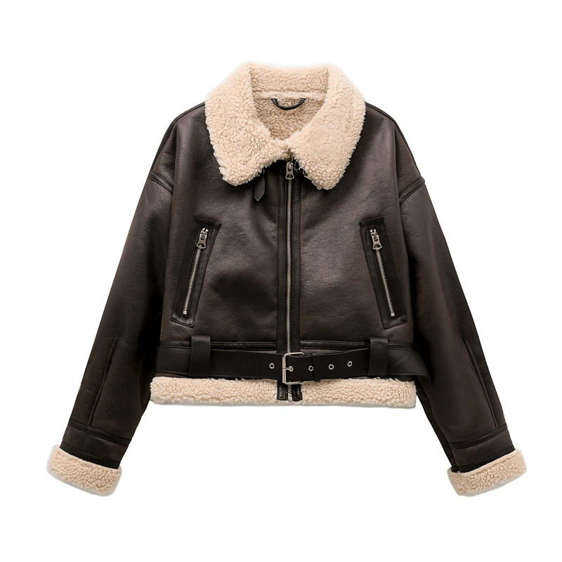Vintage Faux Shearling Belted Winter Jacket