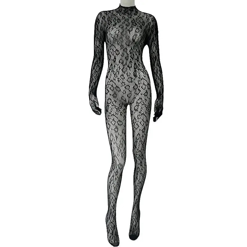 Women Lace Fishnet Long Sleeve Jumpsuit